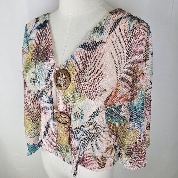 Soft Surroundings Cropped Cardigan Sweater Small Tropical Leaf Mesh-Weave Pink - Picture 3 of 11